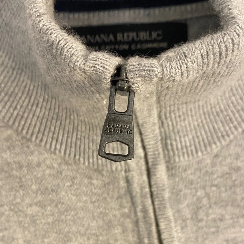 Cashmere Cotton Banana Republic Sweater | Quarter Zip | Gray Navy Stripe Tall M